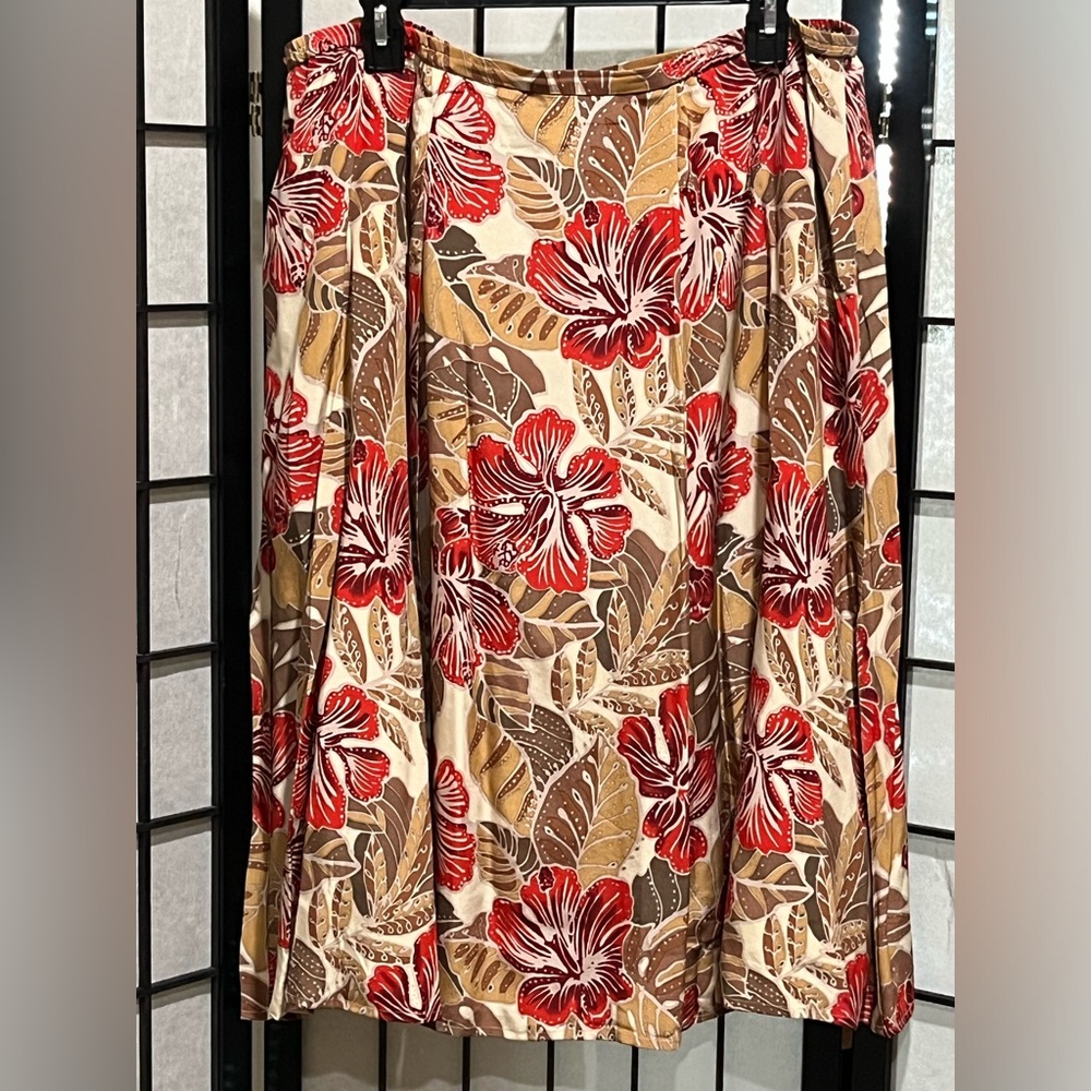 HARVE BENARD A-Line Midi Skirt — Red & Tan Hibiscus Print SILK COLLECTION 18W - Picture 4 of 9